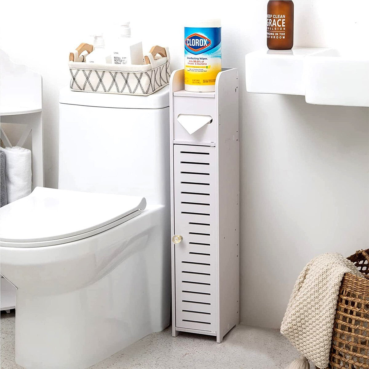 White Wooden Toilet Roll Holder – Bathroom Storage Cabinet