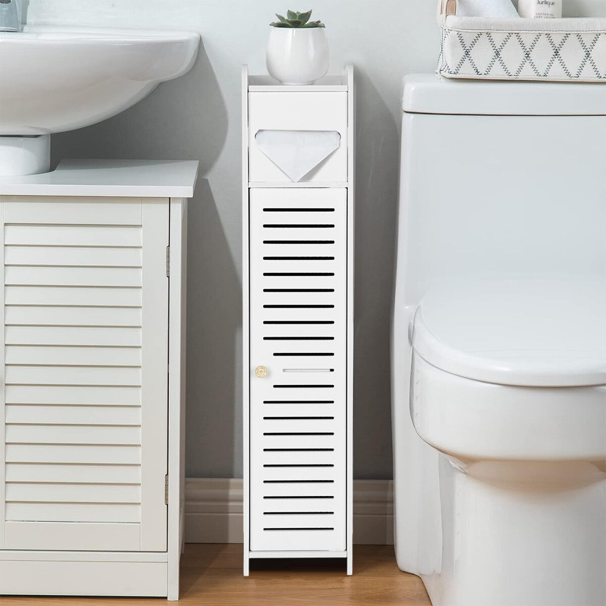 White Wooden Toilet Roll Holder – Bathroom Storage Cabinet