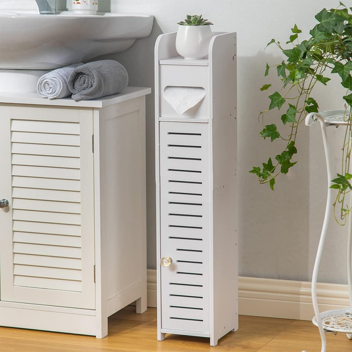 White Wooden Toilet Roll Holder – Bathroom Storage Cabinet
