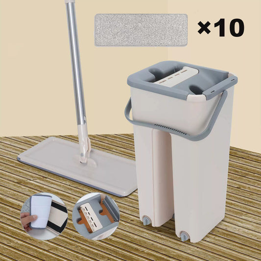 Flat Mop & Bucket Set – Wash & Dry System + 10 Pads