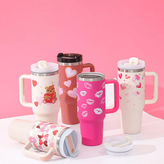 Thermal cup with handle and straw insulated, stainless steel