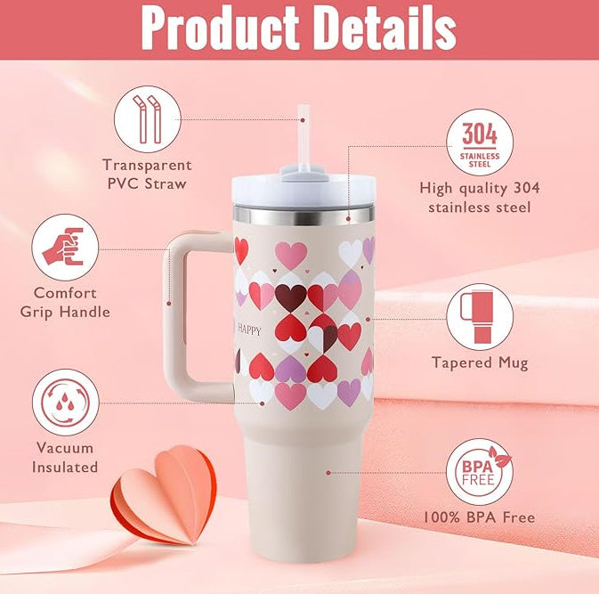 Thermal cup with handle and straw insulated, stainless steel
