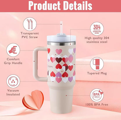 Thermal cup with handle and straw insulated, stainless steel